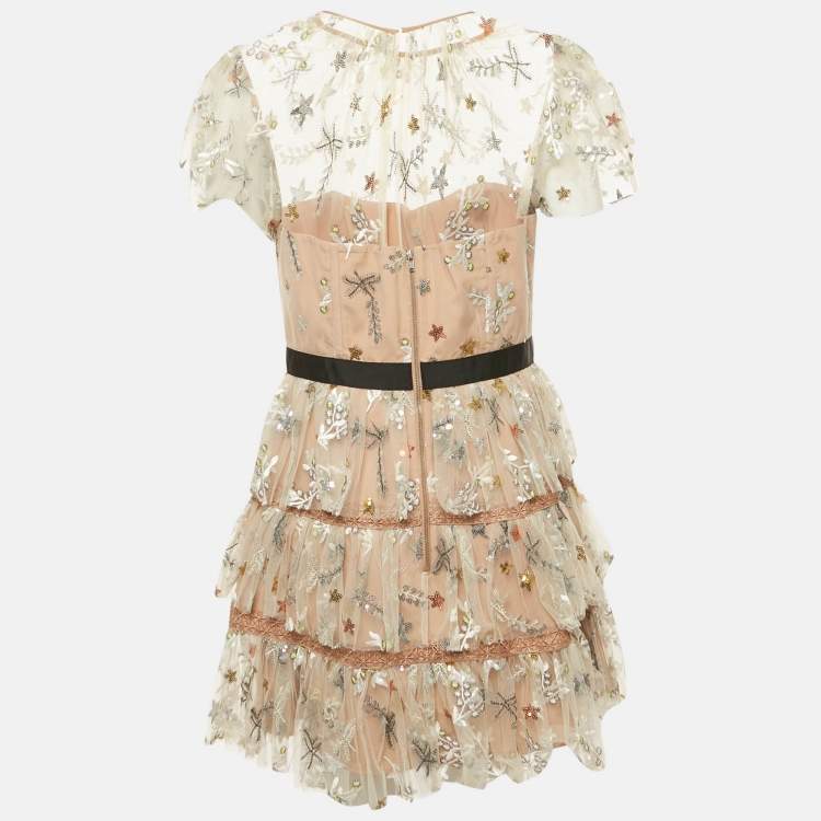 Pre Owned Self-Portrait Beige Star Embroidered Tulle Tiered Mini Dress L 