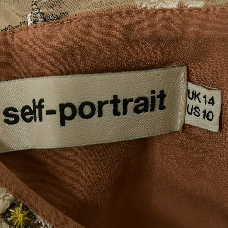 Pre Owned Self-Portrait Beige Star Embroidered Tulle Tiered Mini Dress L 