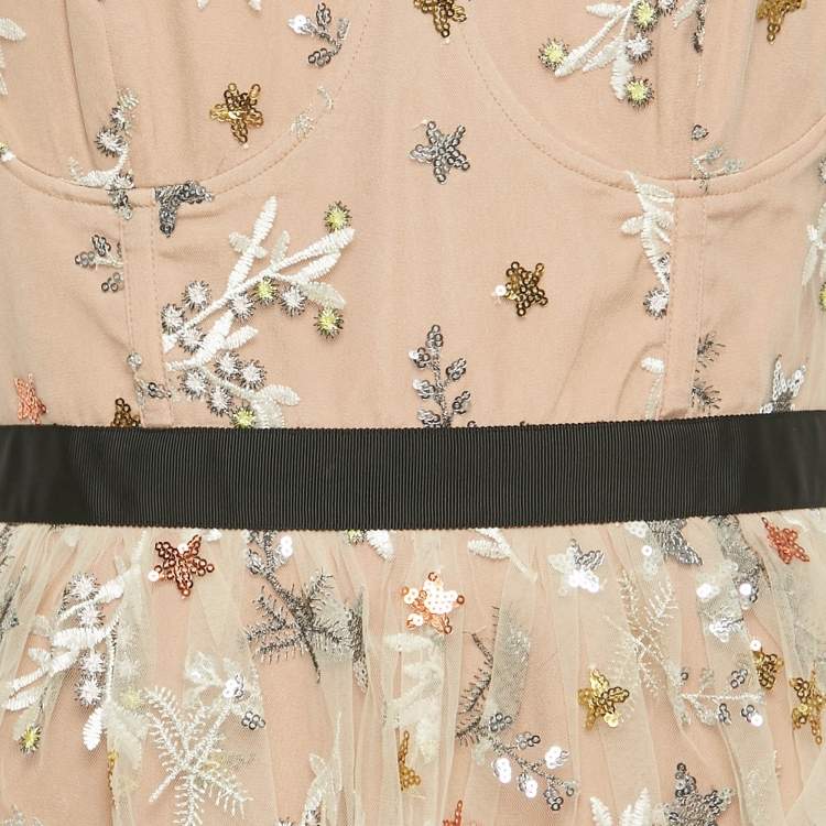 Pre Owned Self-Portrait Beige Star Embroidered Tulle Tiered Mini Dress L 