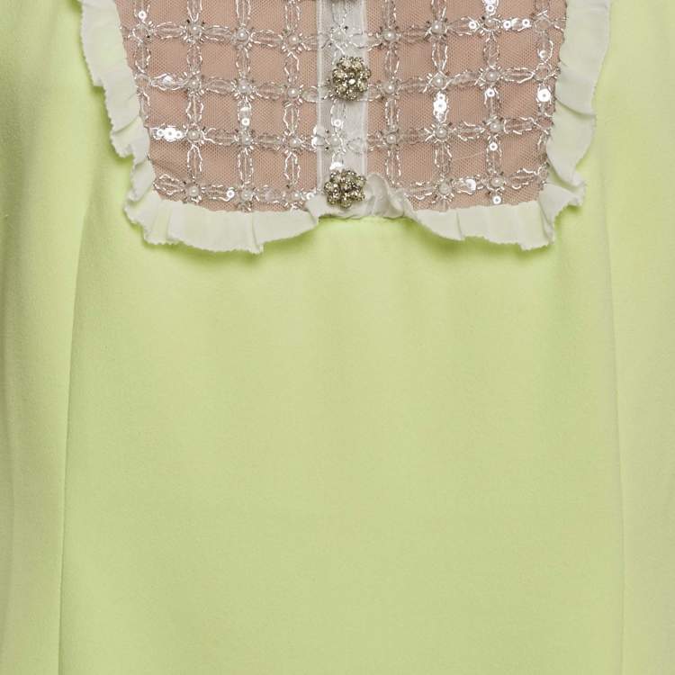 Pre Owned Self-Portrait Lime Green Embellished Tulle Crepe Mini Dress L