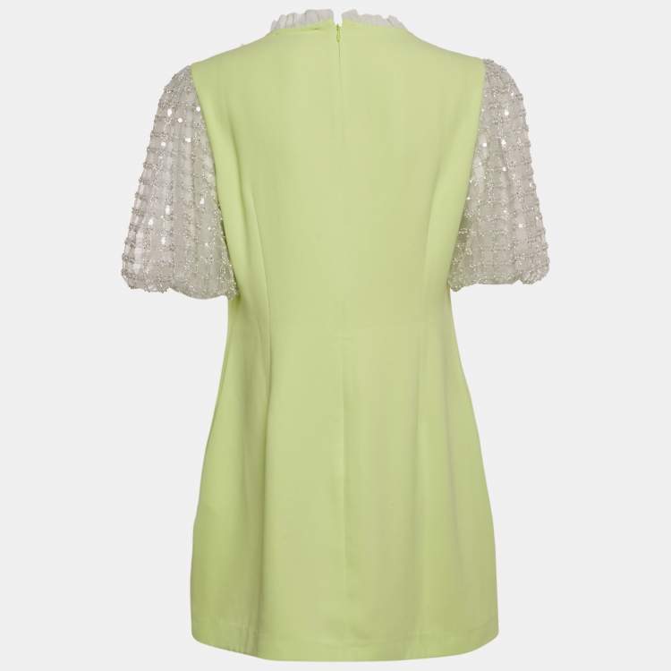 Pre Owned Self-Portrait Lime Green Embellished Tulle Crepe Mini Dress L