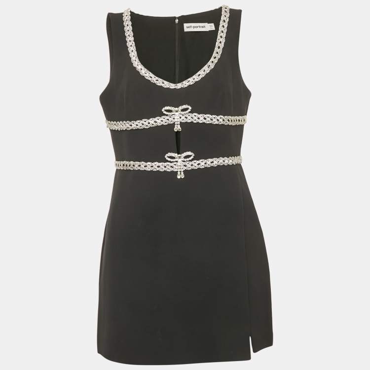 Pre Owned Self-Portrait Black Crepe Crystal Diamante Bow Mini Dress L