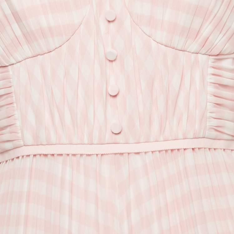 Pre Owned Self-Portrait Pink Gingham Print Chiffon Pleated Midi Dress M