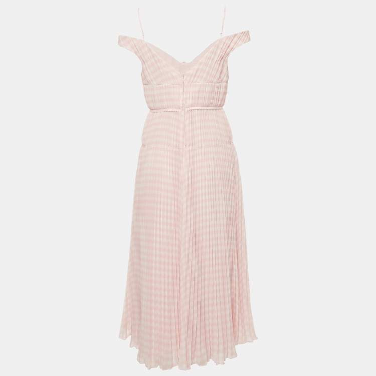 Pre Owned Self-Portrait Pink Gingham Print Chiffon Pleated Midi Dress M