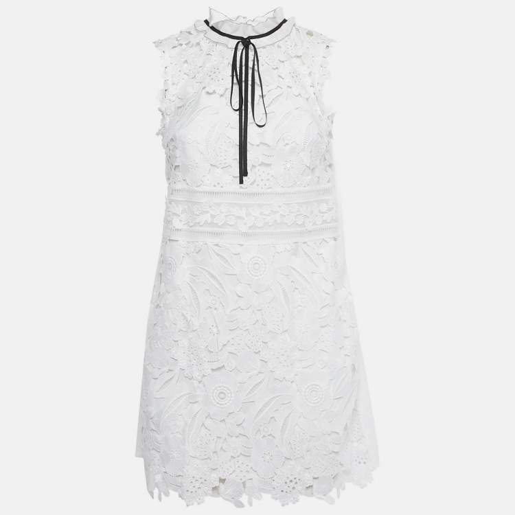 Pre Owned Self-Portrait White Guipure Lace Bow Detail Mini Dress S