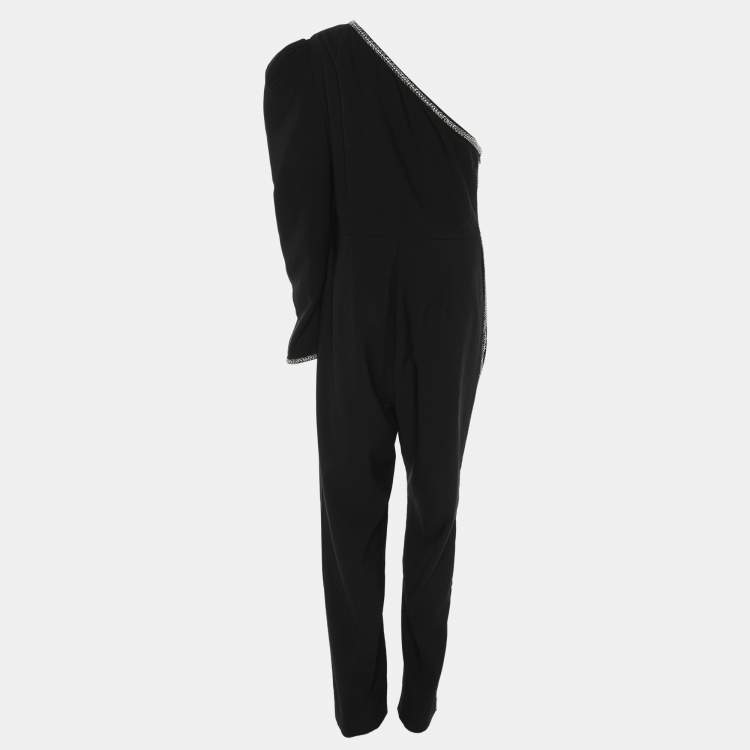 Pre Owned Self-Portrait Black Stretch Crepe Crystal Embellished One Shoulder Jumpsuit M