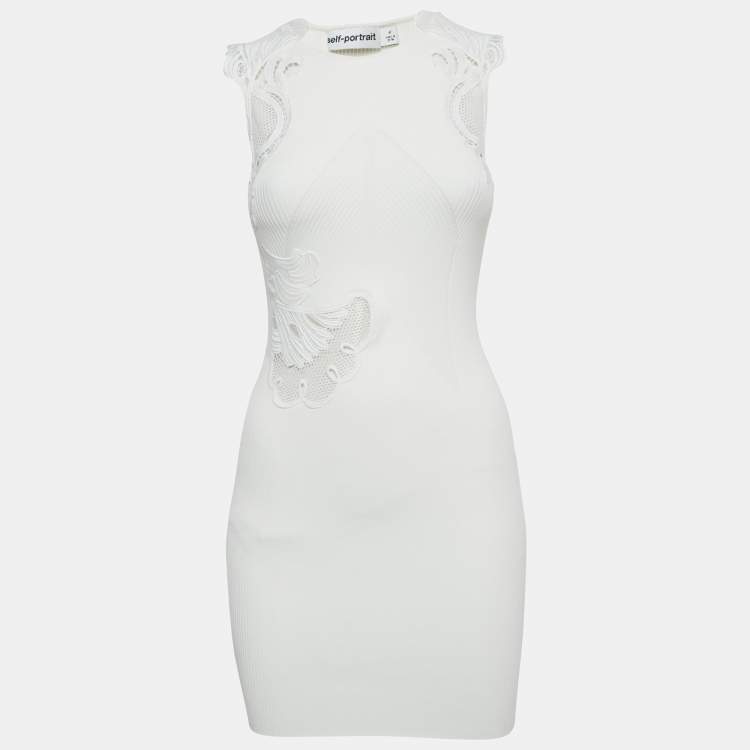 Pre Owned Self-Portrait White Rib Knit Inserted Lace Mini Dress M