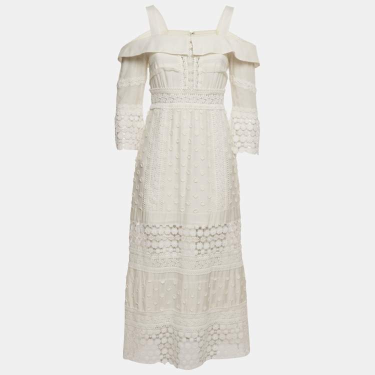 Pre Owned Self-Portrait White Lace Insert Cotton Midi Dress Dress M