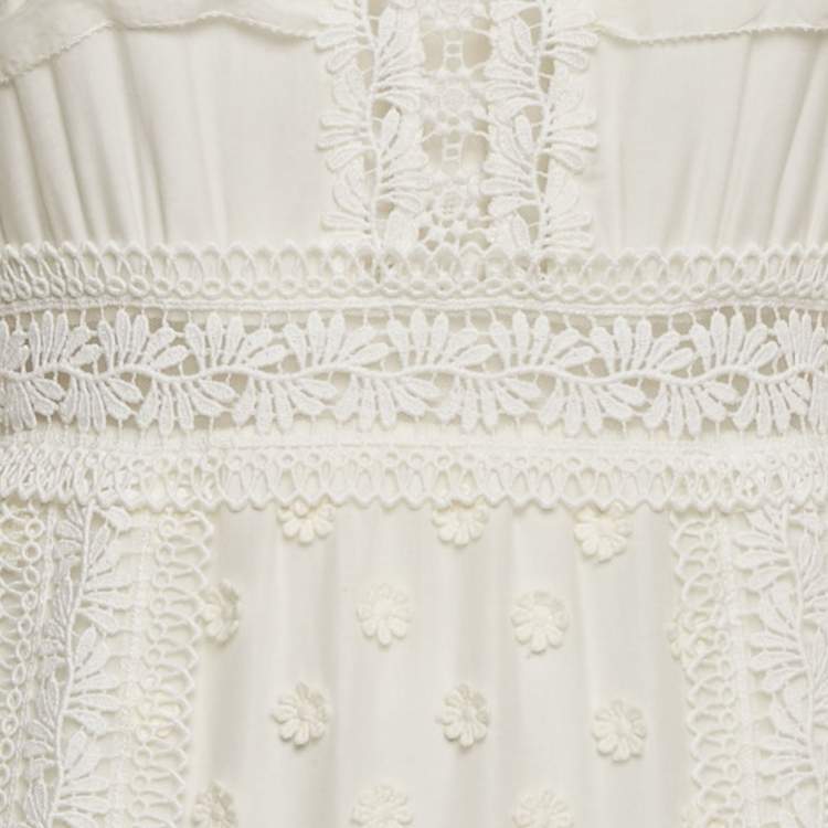Pre Owned Self-Portrait White Lace Insert Cotton Midi Dress Dress M