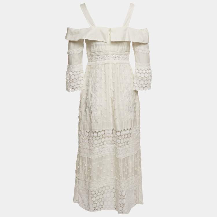 Pre Owned Self-Portrait White Lace Insert Cotton Midi Dress Dress M