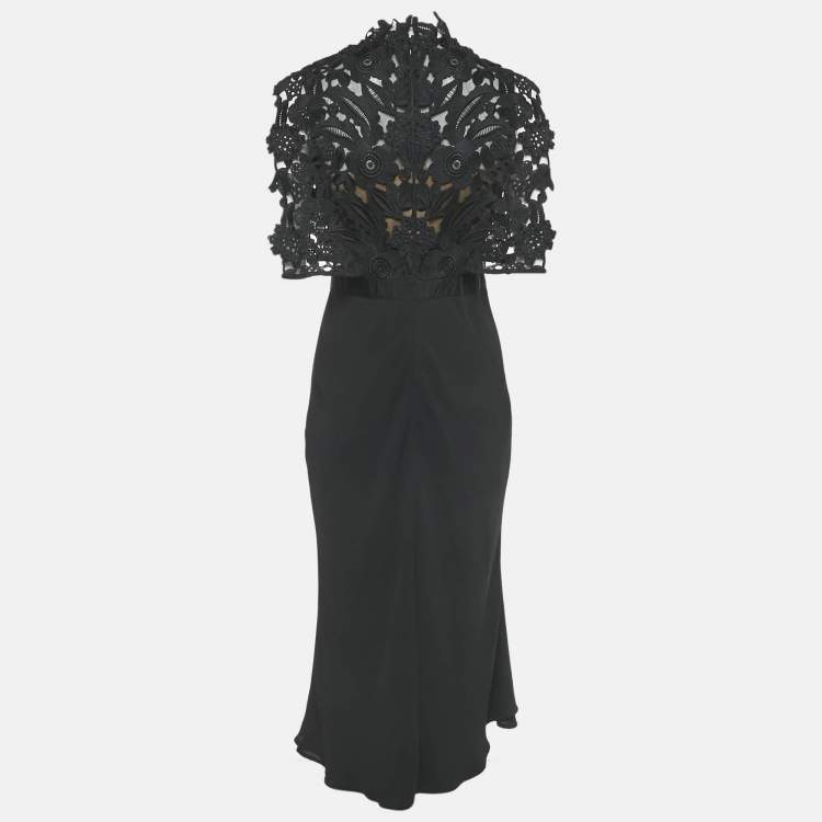 Pre Owned Self-Portrait Black Cropped Lace Overlay Crepe Midi Dress M 