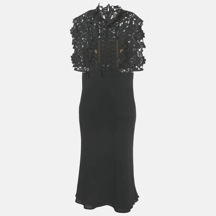 Pre Owned Self-Portrait Black Cropped Lace Overlay Crepe Midi Dress M 