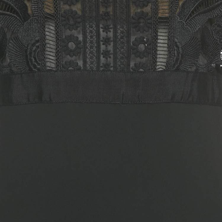 Pre Owned Self-Portrait Black Cropped Lace Overlay Crepe Midi Dress M 