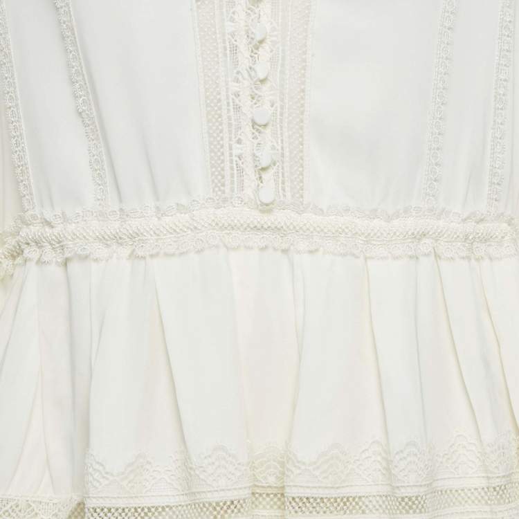 Pre Owned Self-Portrait Cream Crepe Lace Trimmed Mini Dress M