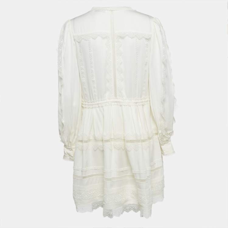 Pre Owned Self-Portrait Cream Crepe Lace Trimmed Mini Dress M