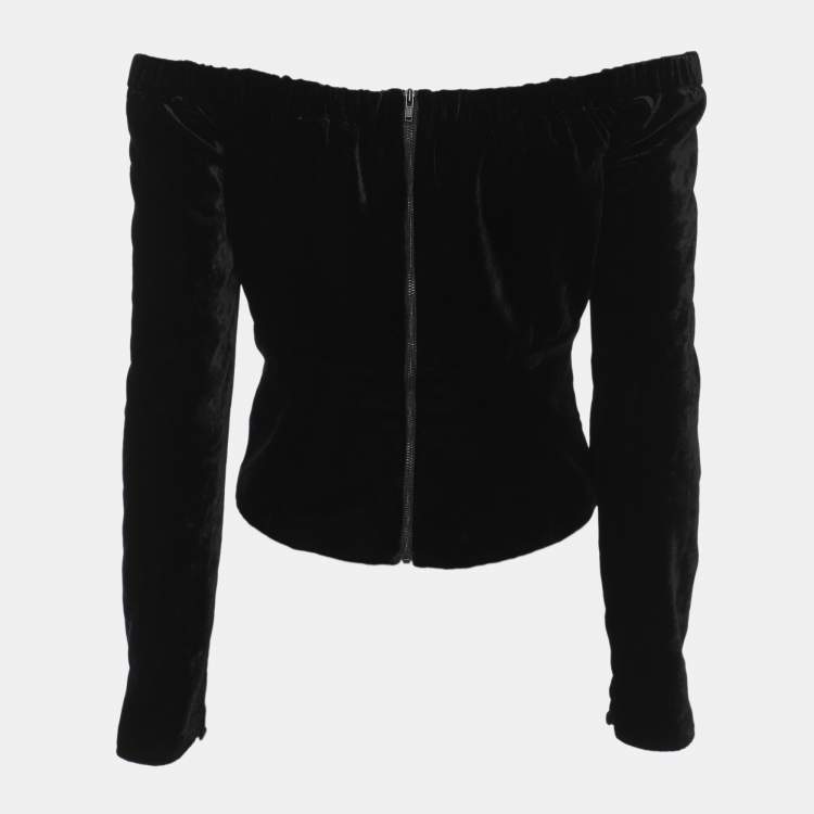 Pre Owned Self-Portrait Black Velvet Crystal Embellished Bow Bardot Tops M