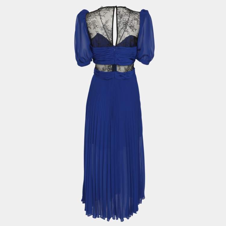 Pre Owned Self-Portrait Blue/Black Chiffon and Lace Paneled Sweetheart Neckline Midi Dress M