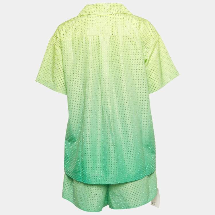 Pre Owned Self-Portrait Neon Green Rhinestone Embellished Taffeta Shirt &Shorts Set S/L 