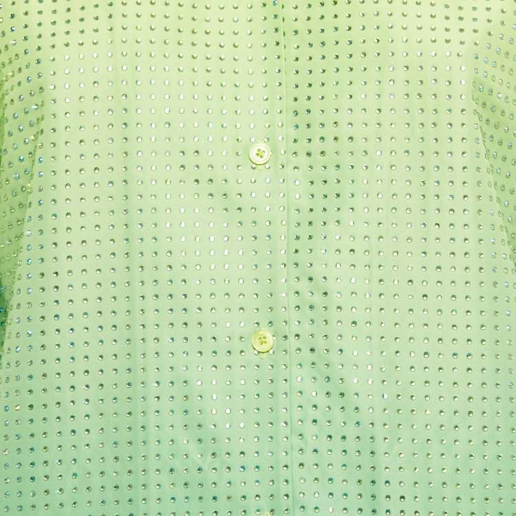 Pre Owned Self-Portrait Neon Green Rhinestone Embellished Taffeta Shirt &Shorts Set S/L 
