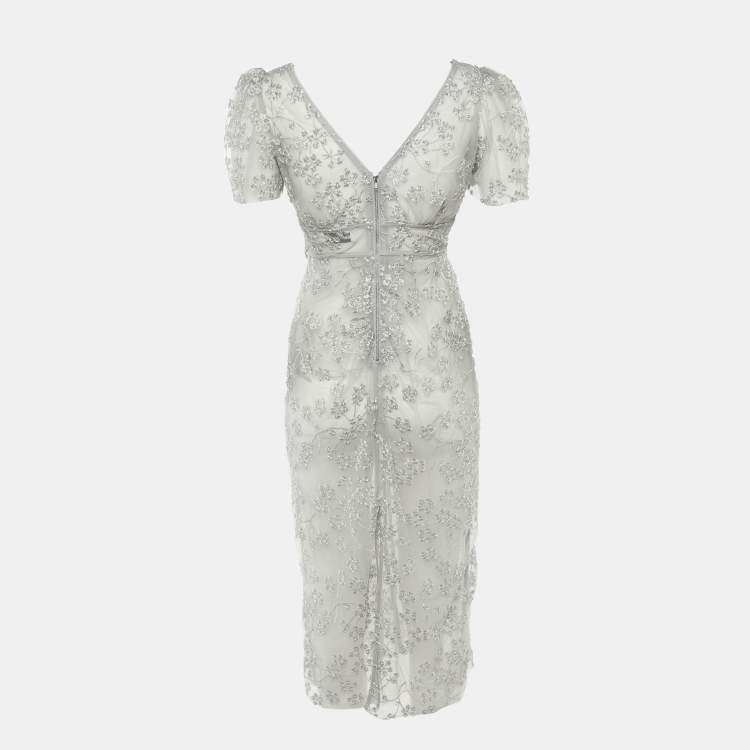 Pre Owned Self-Portrait Grey Tulle Embroidered Blossom Fitted Midi Dress M