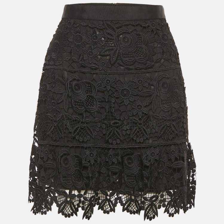 Pre Owned Self-Portrait Black Floral Guipure Lace Mini Skirt M