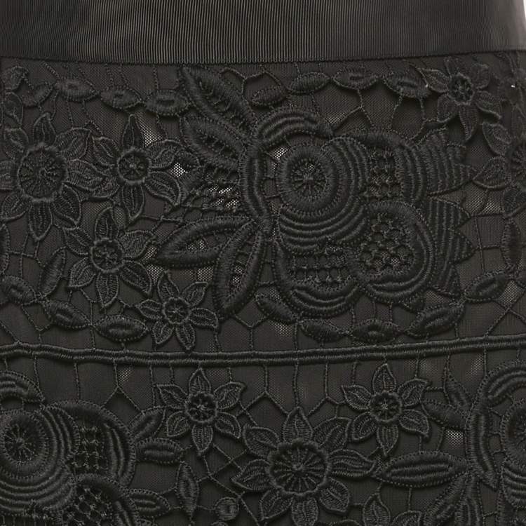 Pre Owned Self-Portrait Black Floral Guipure Lace Mini Skirt M