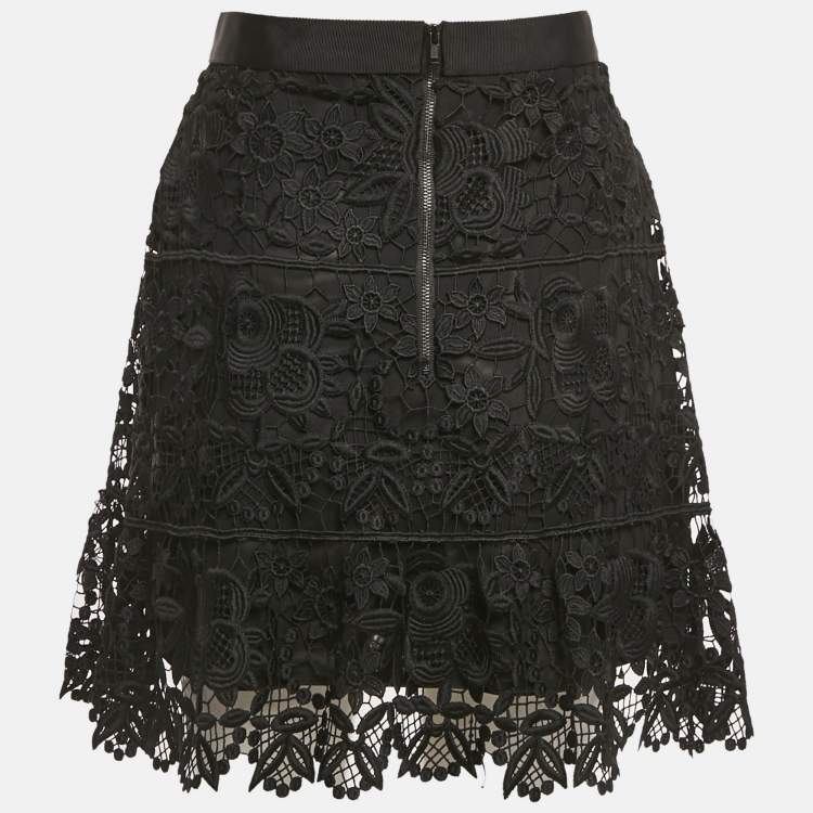 Pre Owned Self-Portrait Black Floral Guipure Lace Mini Skirt M