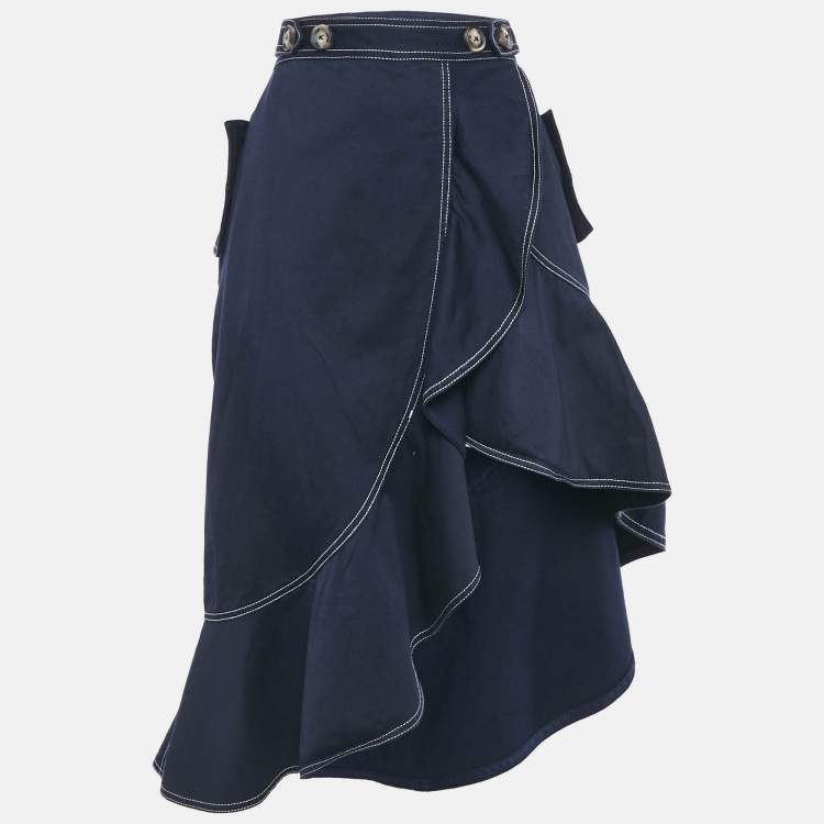 Pre Owned Self-Portrait Navy Blue Canvas Asymmetric Flounced Hem Skirt M