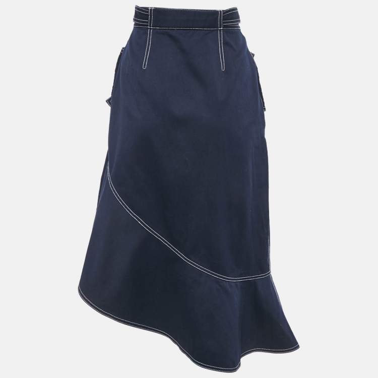 Pre Owned Self-Portrait Navy Blue Canvas Asymmetric Flounced Hem Skirt M