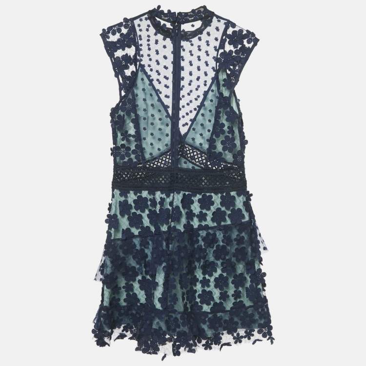 Pre Owned Self-Portrait Navy Blue Floral Applique Lace Sleeveless Mini Dress M