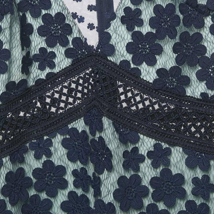 Pre Owned Self-Portrait Navy Blue Floral Applique Lace Sleeveless Mini Dress M