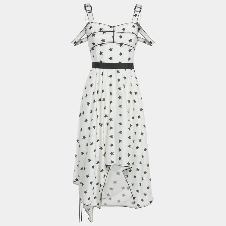 Pre Owned Self-Portrait White Printed Satin Handkerchief Hem Midi Dress S