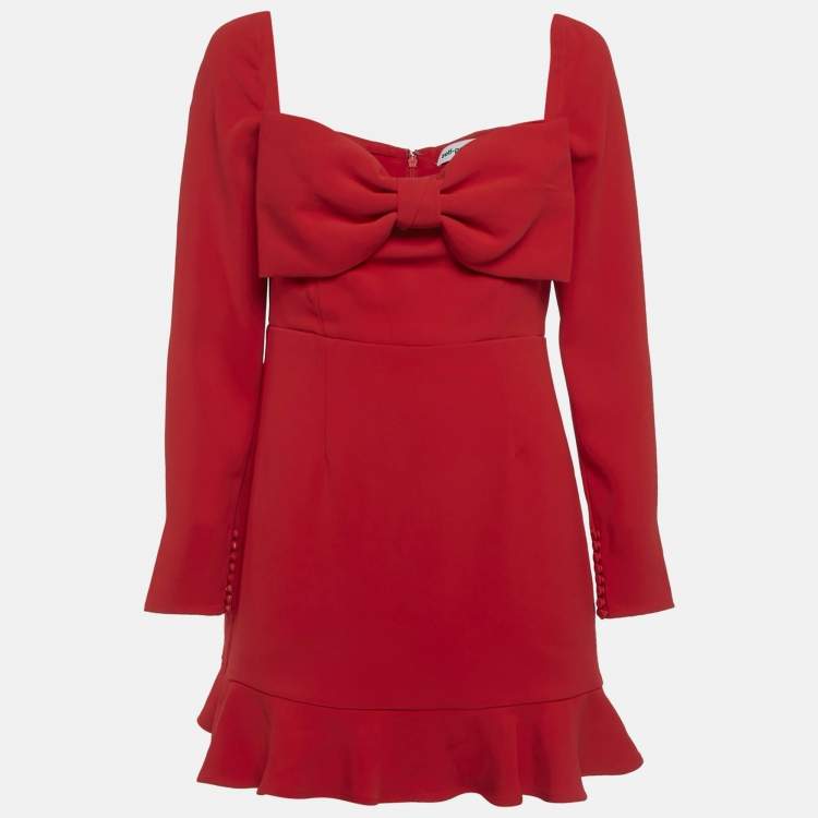 Pre Owned Self-Portrait Red Crepe Bow Detail Flounce Mini Dress M 