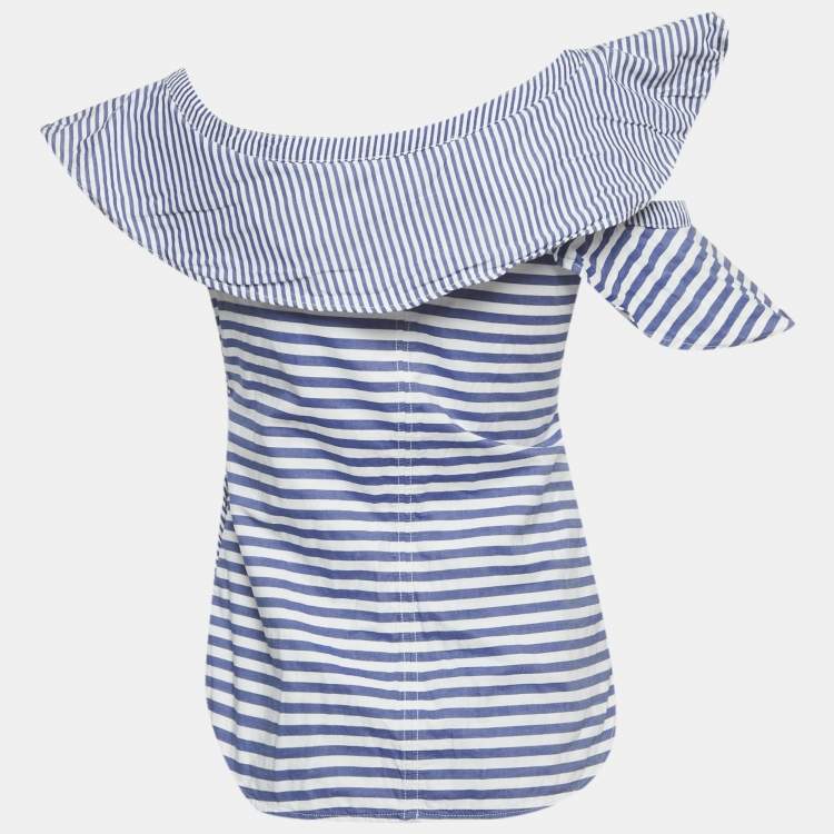 Pre Owned Self-Portrait Blue Striped Cotton Asymmetric Top M