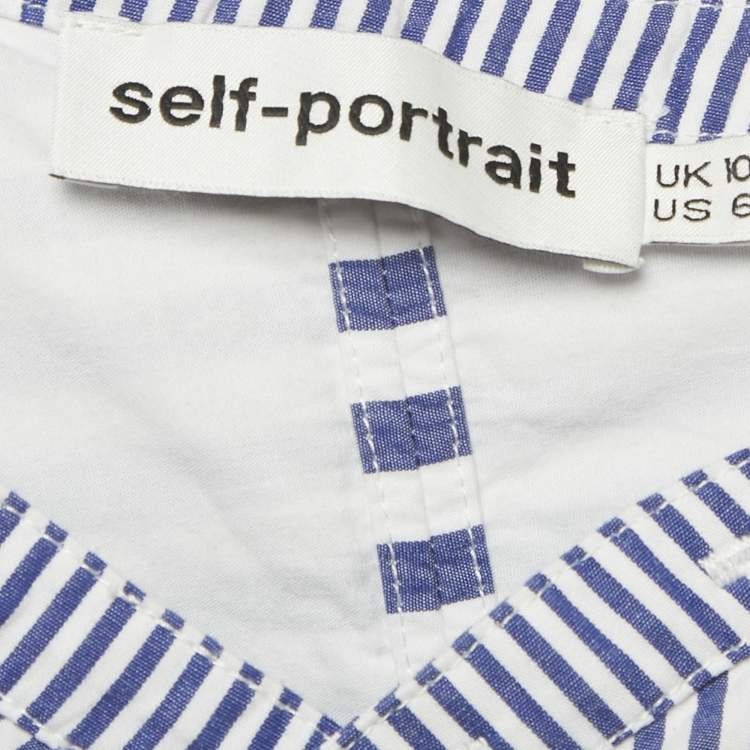 Pre Owned Self-Portrait Blue Striped Cotton Asymmetric Top M