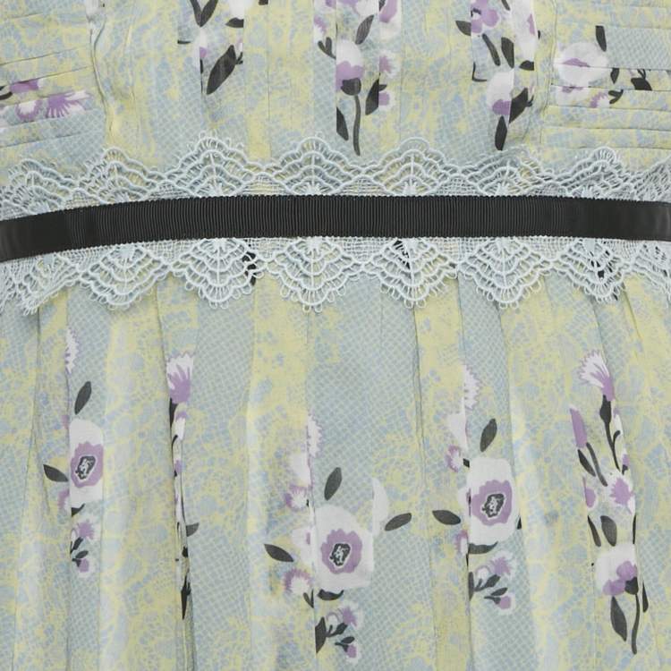 Pre Owned Self-Portrait Yellow Floral Print Chiffon Tiered Mini Dress S