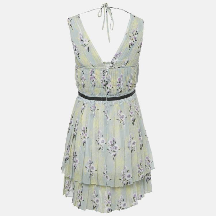 Pre Owned Self-Portrait Yellow Floral Print Chiffon Tiered Mini Dress S