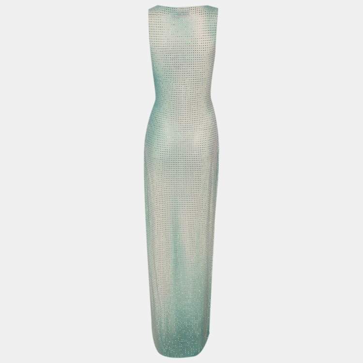 Pre Owned Self-Portrait Green Crystal Embellished Gradient Mesh Maxi Dress M