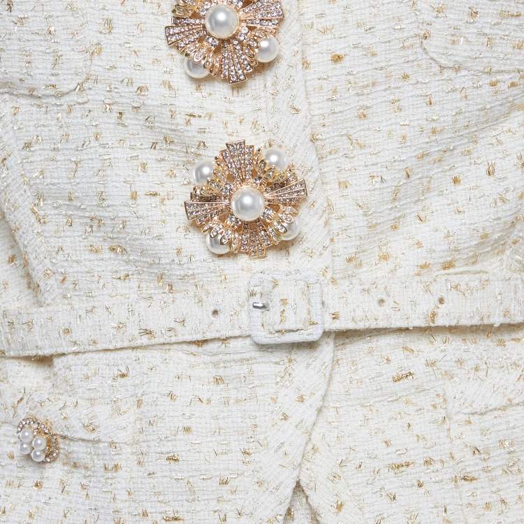 Pre Owned Self-Portrait Cream Metallic Boucle Mini Jacket Dress M