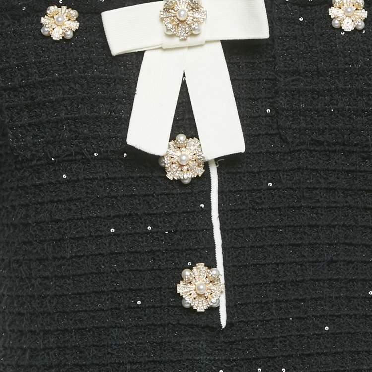 Pre Owned Self-Portrait Black Sequin Tweed Knit Bow Mini Dress M