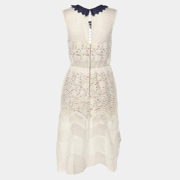 Pre Owned Self-Portrait White Sequined Lace Romper Detail Sleeveless Midi Dress M
