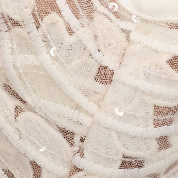 Pre Owned Self-Portrait White Sequined Lace Romper Detail Sleeveless Midi Dress M