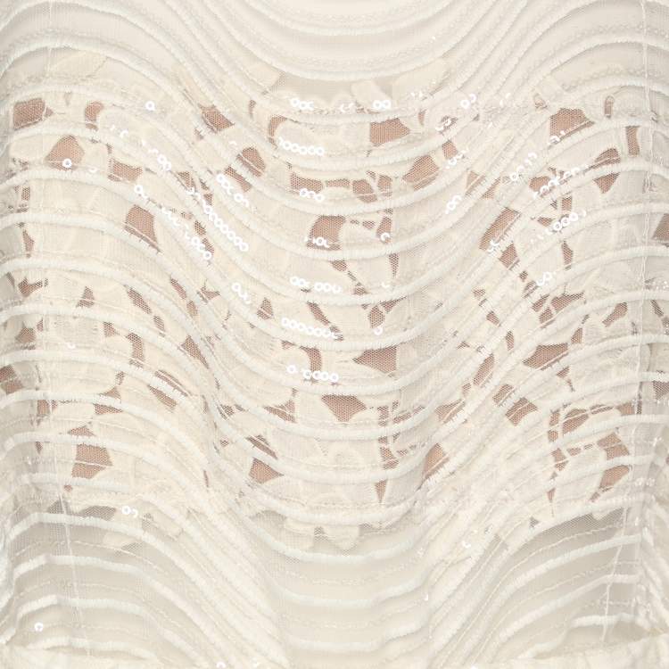 Pre Owned Self-Portrait White Sequined Lace Romper Detail Sleeveless Midi Dress M