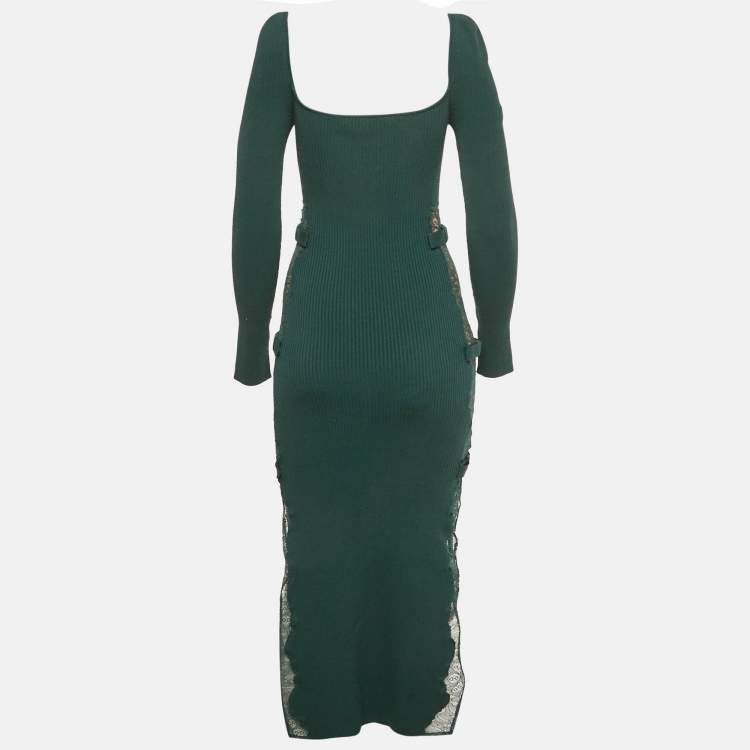 Pre Owned Self-Portrait Deep Green Lace Inserts Rib Knit Midi Dress S
