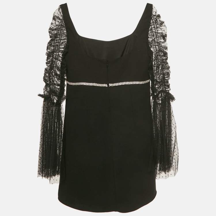 Pre Owned Self-Portrait Black Dot Mesh and Crepe Diamante Bow Mini Dress S