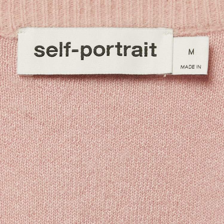 Pre Owned Self-Portrait Pink Knit Crystal Embellished Cardigan M 