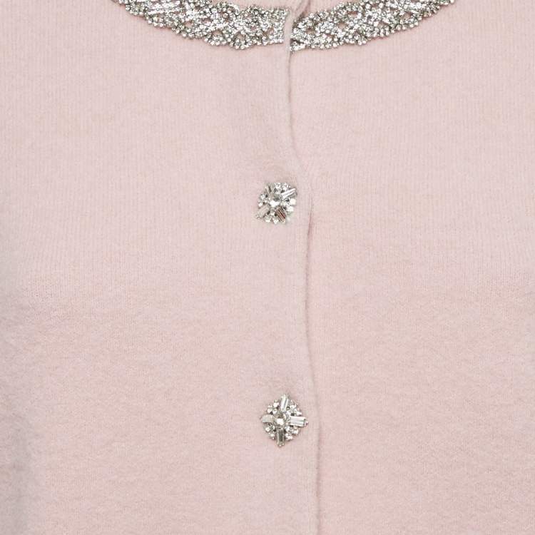 Pre Owned Self-Portrait Pink Knit Crystal Embellished Cardigan M 