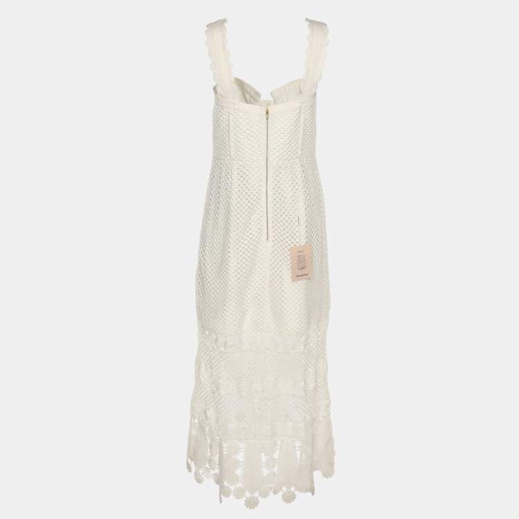 Pre Owned Self-Portrait White Fishnet Crochet and Lace Midi Dress M