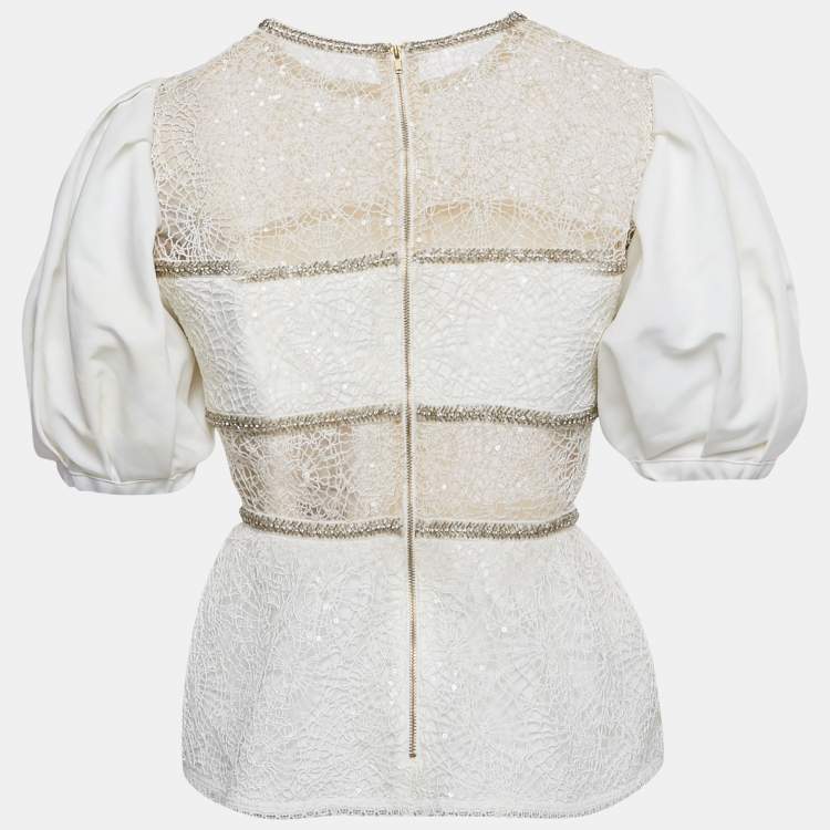 Pre Owned Self-Portrait White Embellished Lace Top S 