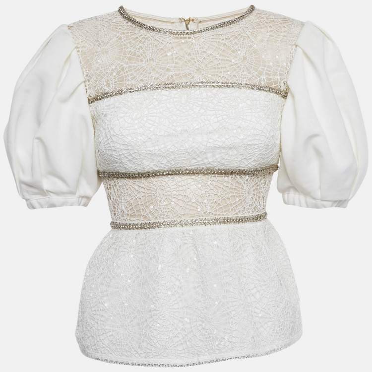 Pre Owned Self-Portrait White Embellished Lace Top S 